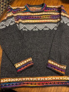 Handknit 100% Alpaca fair isle style sweater on charcoal base - unisex - size M